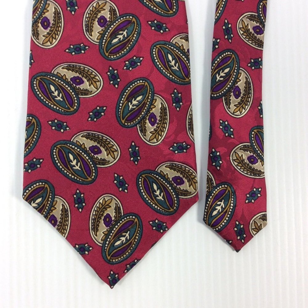 Stonehenge Mens Tie 4 in W x L 56 Silk Burgundy Silver Green Purple Geometric - Picture 1 of 10